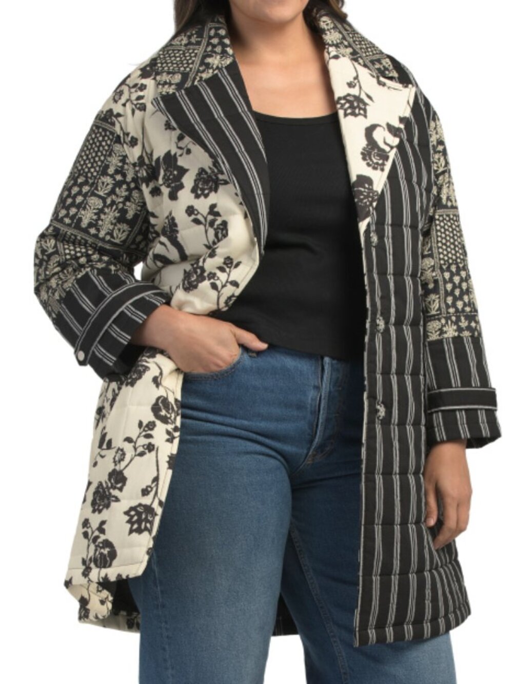 AVEC LES FILLES Black & Cream Quilted Robe Coat